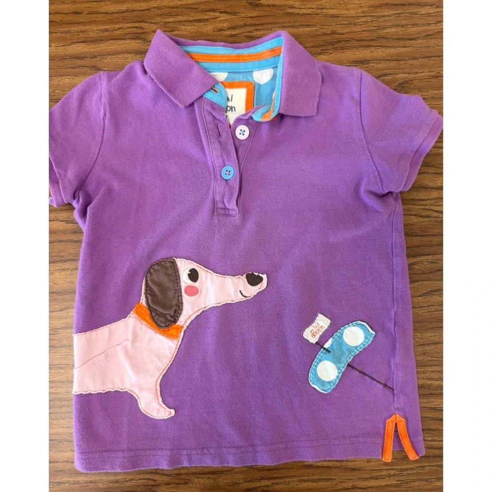 Mini Boden Kids Purple Dachshund Dog Polo Shirt Size 5-6Y Short Sleeve Cotton